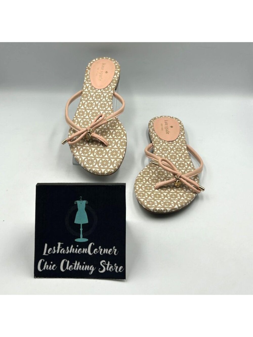 Kate Spade Women's Beige Pink Leather Mistic Bow Flats Sandals Size 9.5 3615